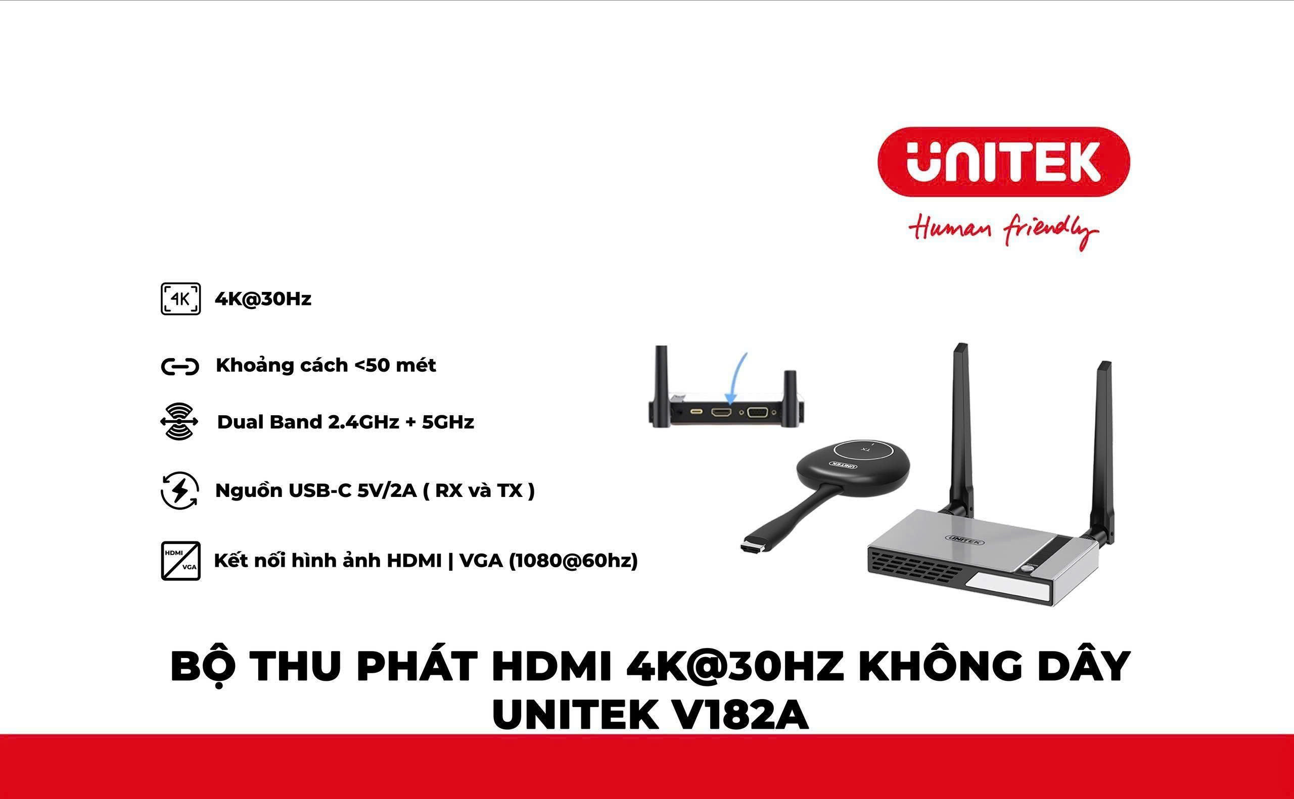 Bộ ph&aacute;t nhận t&iacute;n hiệu HDMI kh&ocirc;ng d&acirc;y 50m 4K@30hz s&oacute;ng 2.4Ghz v&agrave; 5Ghz Unitek V182A