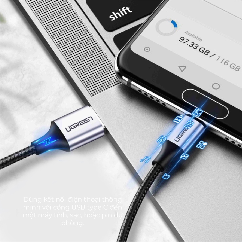 Cáp sạc nhanh 20W đầuUSB 2.0 sang USB Type-C, cáp Ugreen 60130 chính hãng, cáp sạc chất lượng cao