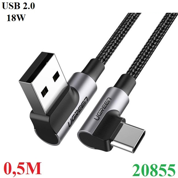 Cáp sạc nhanh 18W, dữ liệu USB-A to USB Type-C chuẩn 2.0 bẻ góc 90 độ đầu dài 0,5M Ugreen 20855