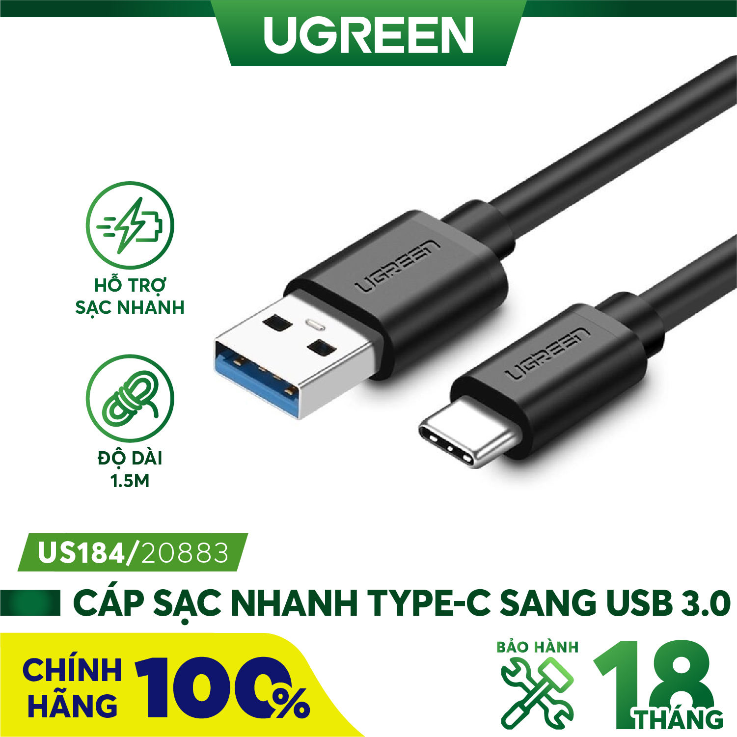Cáp sạc nhanh 20W đầu USB C Type C - Lightning, cáp Ugreen 20883 chính hãng, cáp sạc chất lượng cao