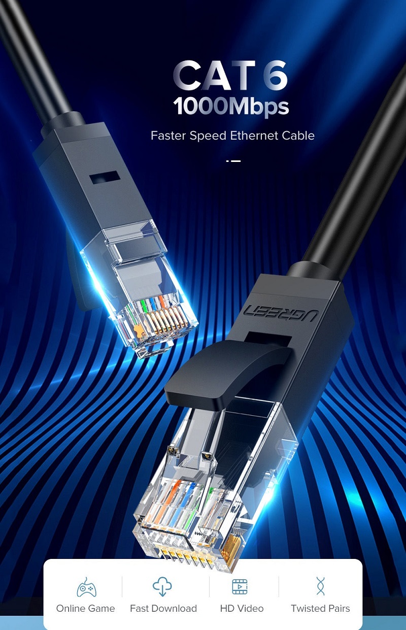 Dây mạng LAN Ethernet CAT6 1000Mbps UGREEN 20166 - màu Đen 20M bản dây tròn