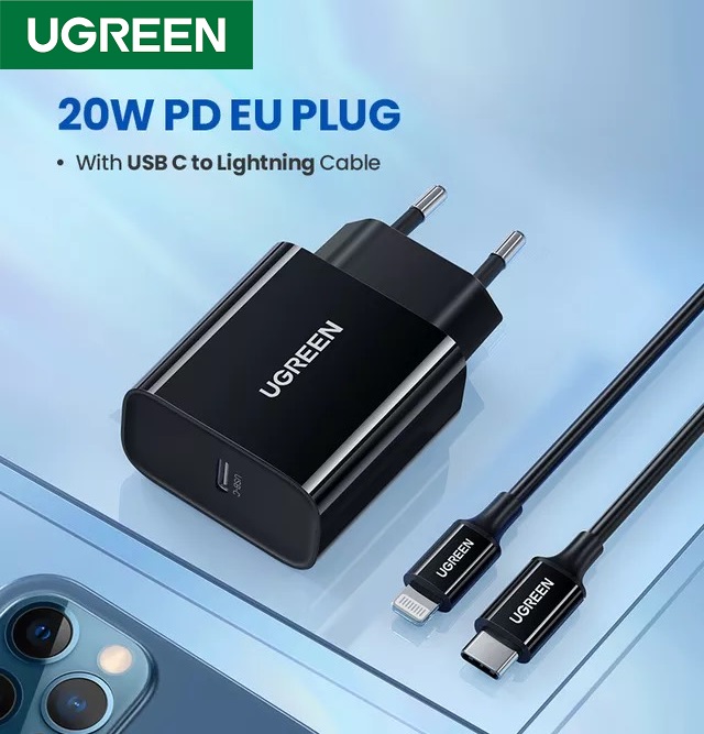 Củ sạc nhanh Ugreen 50799 PD 20W + cáp USB type C ra Lightning MFI cho iPhone màu đen CD137