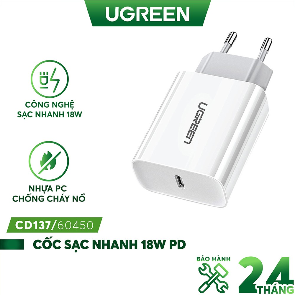 Củ sạc nhanh Ugreen 60450 20W UGREEN CD137 - Sạc nhanh USB-C chuẩn PD QC 4.0 chân tròn EU