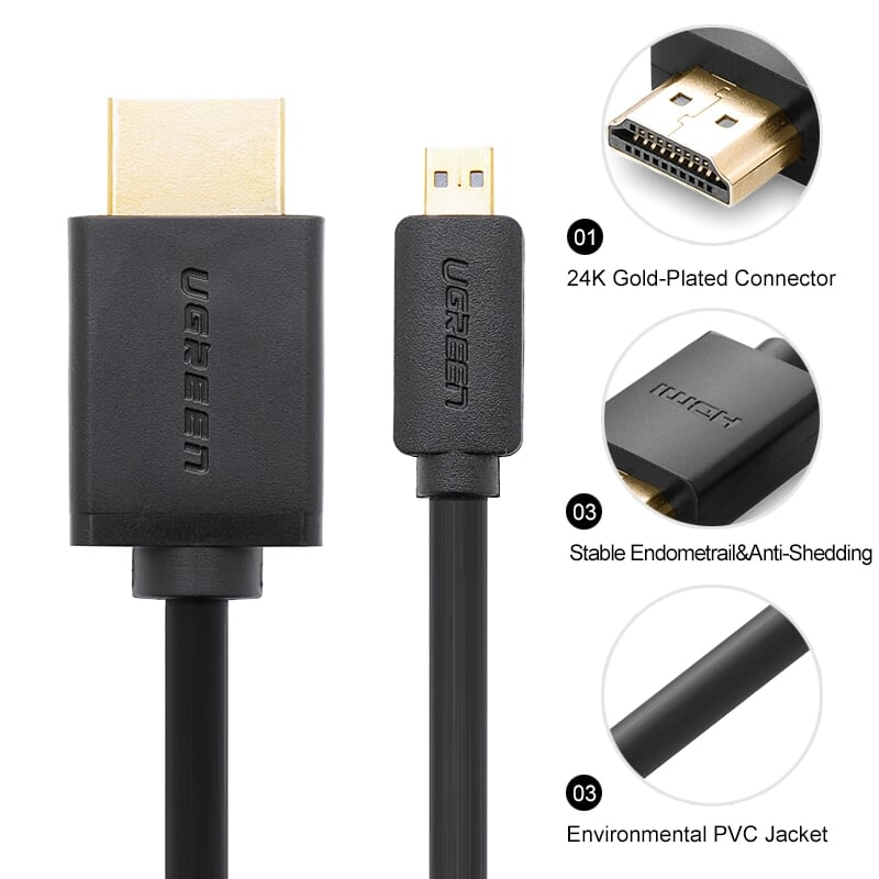 Cáp Micro HDMI to HDMI dài 2m Ugreen 30103, hỗ trợ 4K60Hz HDR