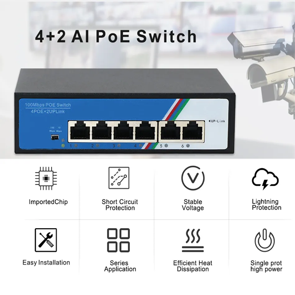 Bộ Chuyển Mạch POE Sợi Ethernet 100MBPS Poe 4 Cổng Hỗ Trợ Vlan Mạng Camera Cctv Tshield