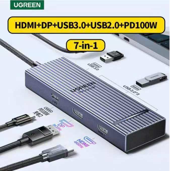 Ugreen hub chuyển đổi 7 in 1 Type-C 8k30Hz 1 USB-c,1HDMi,1Display, 1 USB A5Gb, 3USSB A 480Mbps, 1PD