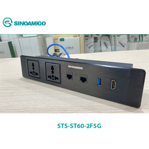 Hộp Ổ Điện Âm Bàn Sinoamigo STS-ST60-2F5G - Dài 60cm, 2 Ổ Điện & 5 Cổng Kết Nối, Cao Cấp Cho Văn Phò