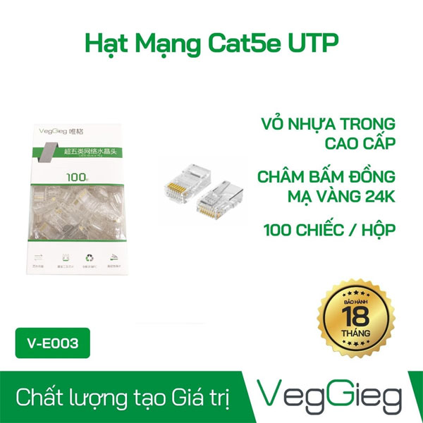 Hạt Mạng RJ45 CAT5e Veggieg V-E003 - Đầu Bấm Mạng Chất Lượng Cao, Tốc Độ 1Gbps, Chuẩn CAT5e