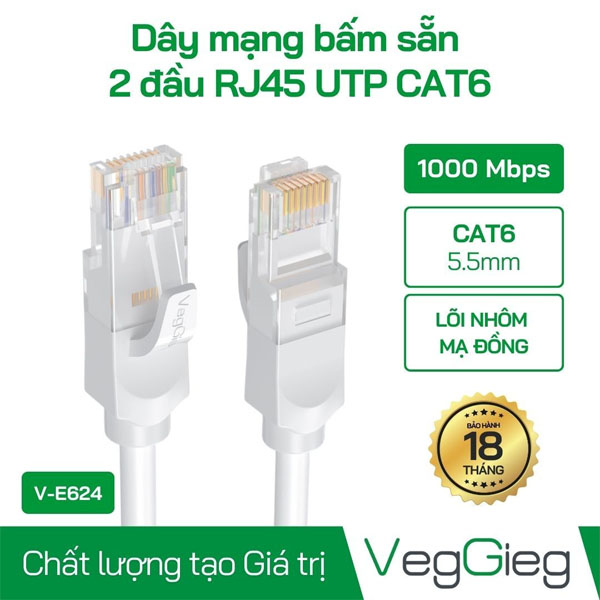 Dây Patchcord Mạng Bấm Sẵn 2 đầu RJ45 UTP CAT6 - V-E625