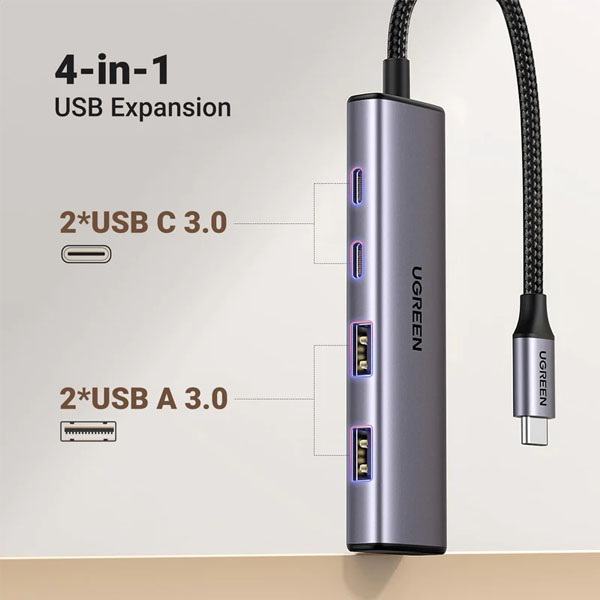 Ugreen 15395 - Hub Type-C 2 USB-A 3.0 & 2 USB-C chính hãng
