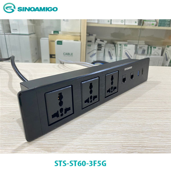 Hộp Ổ Điện Âm Bàn Sinoamigo STS-ST60-3F5G - Dài 60cm, Nắp Trượt, 3 Ổ Điện & 5 Cổng Dữ Liệu