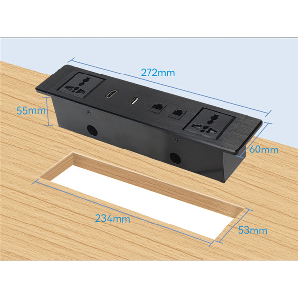 Hộp Ổ Điện Âm Bàn Sinoamigo STS-ST60-2F5G - Dài 60cm, 2 Ổ Điện & 5 Cổng Kết Nối, Cao Cấp Cho Văn Phò
