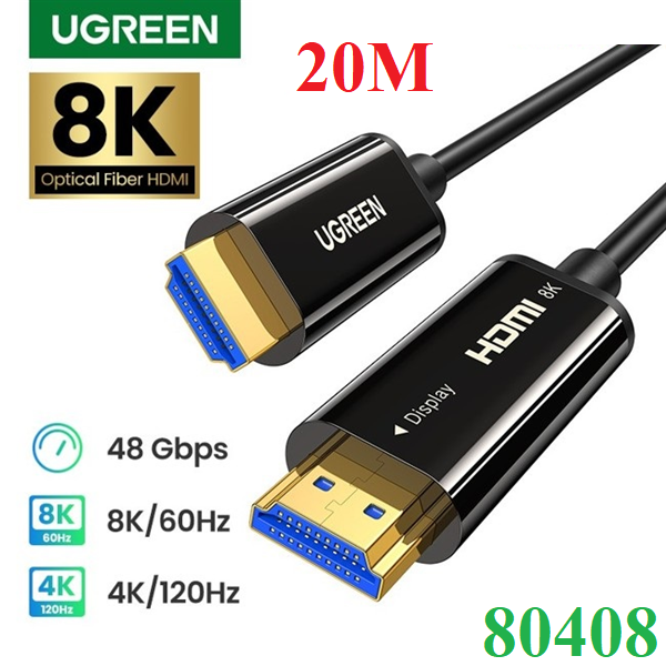 Dây, Cáp HDMI 2.1 sợi quang lõi đồng 20m hỗ trợ 8K/60Hz, 4K/120Hz  Ugreen 80408