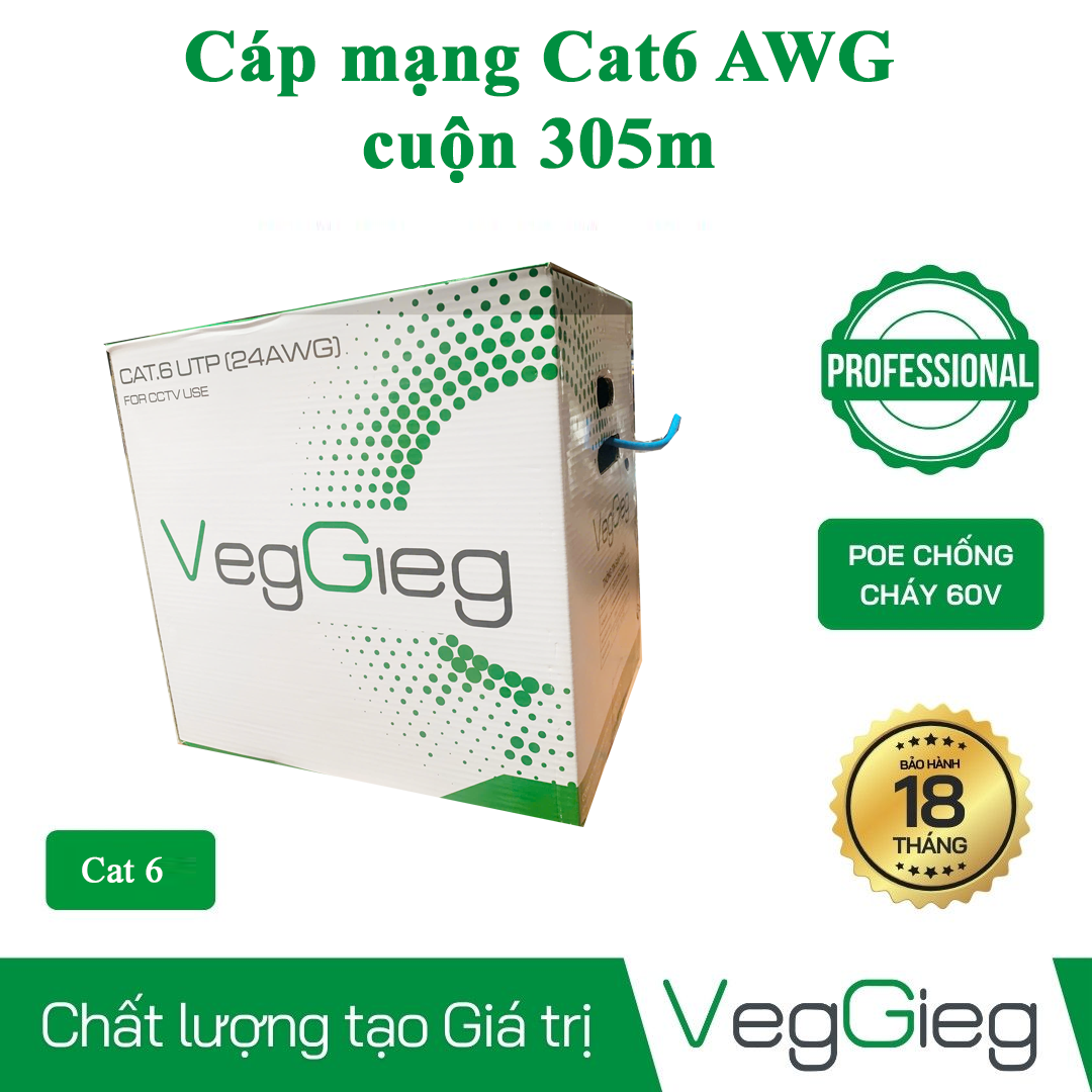 Cáp mạng Cat6 UTP Veggieg 24AWG hàng chính hãng