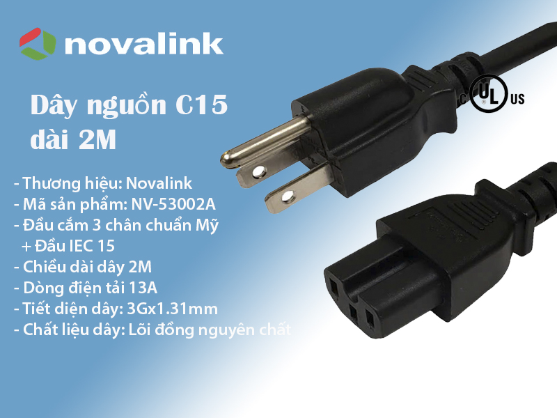 Dây nguồn C15 3 chân Novalink NV-53002A dài 2m lõi đồng 3x1.31mm dùng cho UPS, PDU, Server