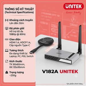 Bộ phát nhận tín hiệu HDMI không dây 50m 4K@30hz sóng 2.4Ghz và 5Ghz Unitek V182A