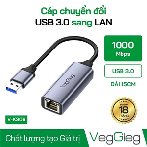 Cáp Chuyển USB 3.0 sang LAN  VegGieg - V-K306 chuẩn tốc độ chuẩn Gigabit 10/100/1000 MBps