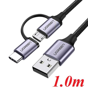 Cáp UGREEN 30875 USB-A to Micro USB + Type-C 1m (Đen) - Đa Năng, Bền Bỉ, Hỗ Trợ Sạc Nhanh