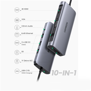 Cáp USB Type C 10 in 1 Ugreen 80133 tích hợp HDMI, VGA, 3.5mm, Lan, USB 3.0