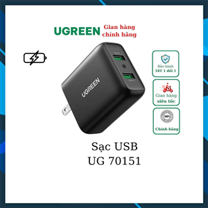 Củ sạc nhanh UGREEN 70151 2 cổng USB 36W Fast Charger chân cắm chuẩn Mỹ (Đen)