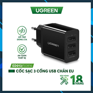 Củ sạc UGREEN 50816 3 cổng USB Charger 5V/3.1A (Black)