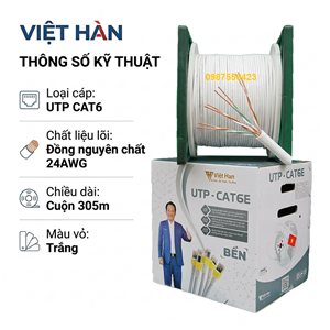 Dây,cáp mạng Cat6 UTP, 24awg, 305m/cuộn màu trắng chính hãng Việt Hàn