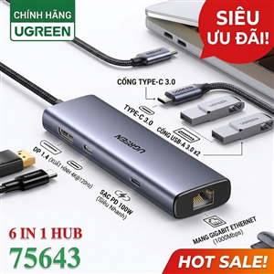 Hub 6 in 1 Ugreen USB-C sang DP, USB 3.0 x3, Lan Gigabit, sạc PD 100W hỗ trợ 4K/60Hz 75643