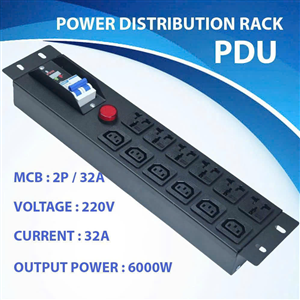 Thanh Nguồn Đa Năng 12 Ổ (6 C13 + 6 3 Chân) - 2P/32A - 220V/6000W - Có Aptomat & Đèn Báo