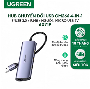 Ugreen 60719 Hub USB 3.0 to 3 USB 3.0 + LAN Gigabit Cao Cấp