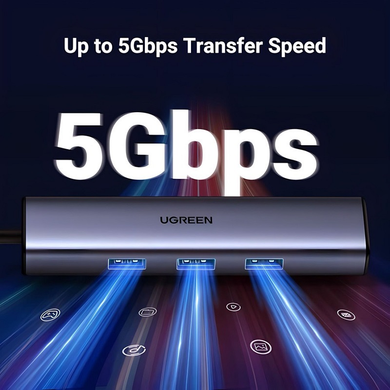 Hub USB-C to LAN 1000Mbps Ugreen 20920 - Kèm 3 cổng USB 3.0, mở rộng kết nối tốc độ cao