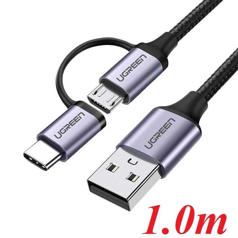 Cáp UGREEN 30875 USB-A to Micro USB + Type-C 1m (Đen) - Đa Năng, Bền Bỉ, Hỗ Trợ Sạc Nhanh