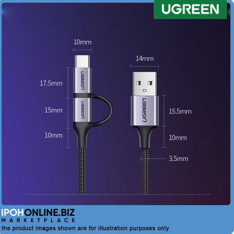 Cáp UGREEN 30875 USB-A to Micro USB + Type-C 1m (Đen) - Đa Năng, Bền Bỉ, Hỗ Trợ Sạc Nhanh