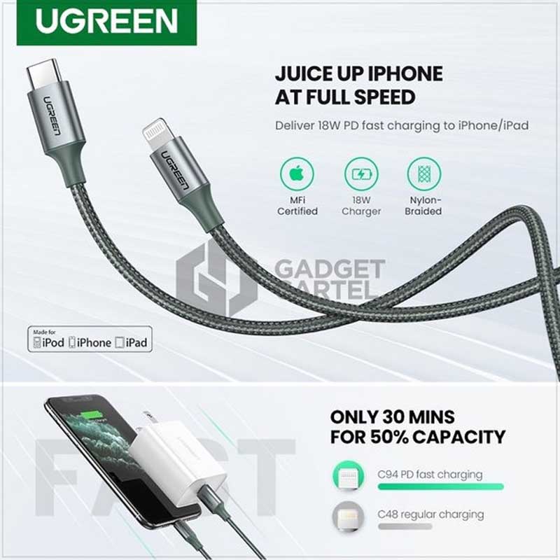 Cáp UGREEN 80564 USB-C to Lightning 1m (Xanh Đậm) - Sạc Nhanh PD 20W, Vỏ Nhôm Bện Cao Cấp