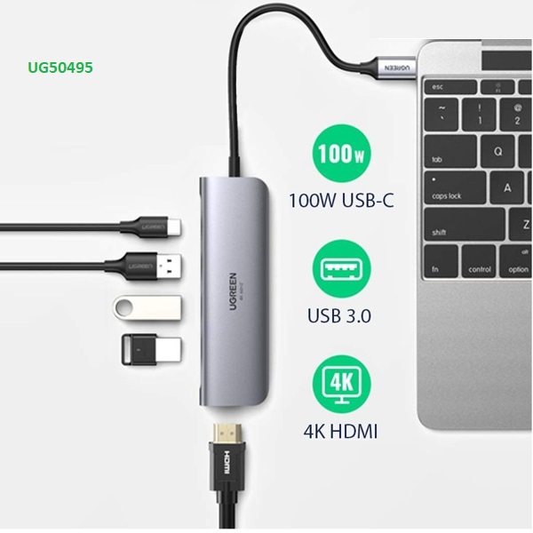 Cáp  USB type-C sang HDMI 4K@60Hz/ Hub USB 3.0/ sạc PD 100W Ugreen 70495