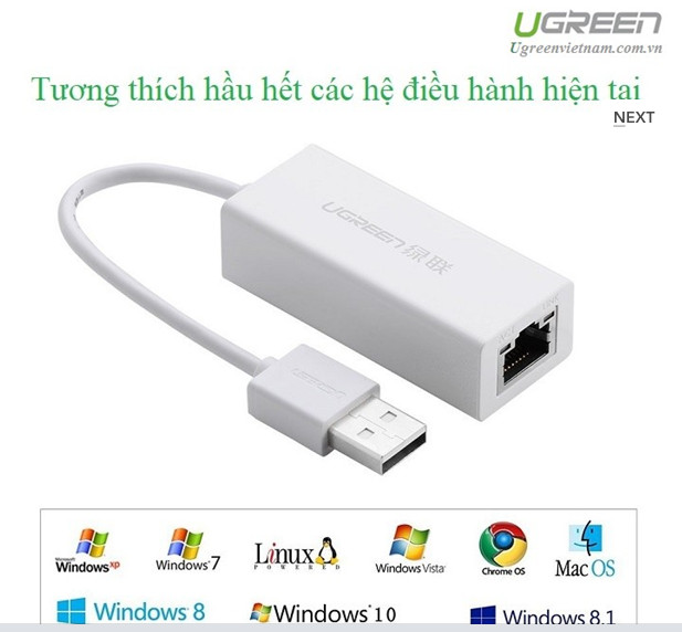 Cáp USB to Lan 2.0 cho Macbook, pc, laptop Ugreen mã 20253