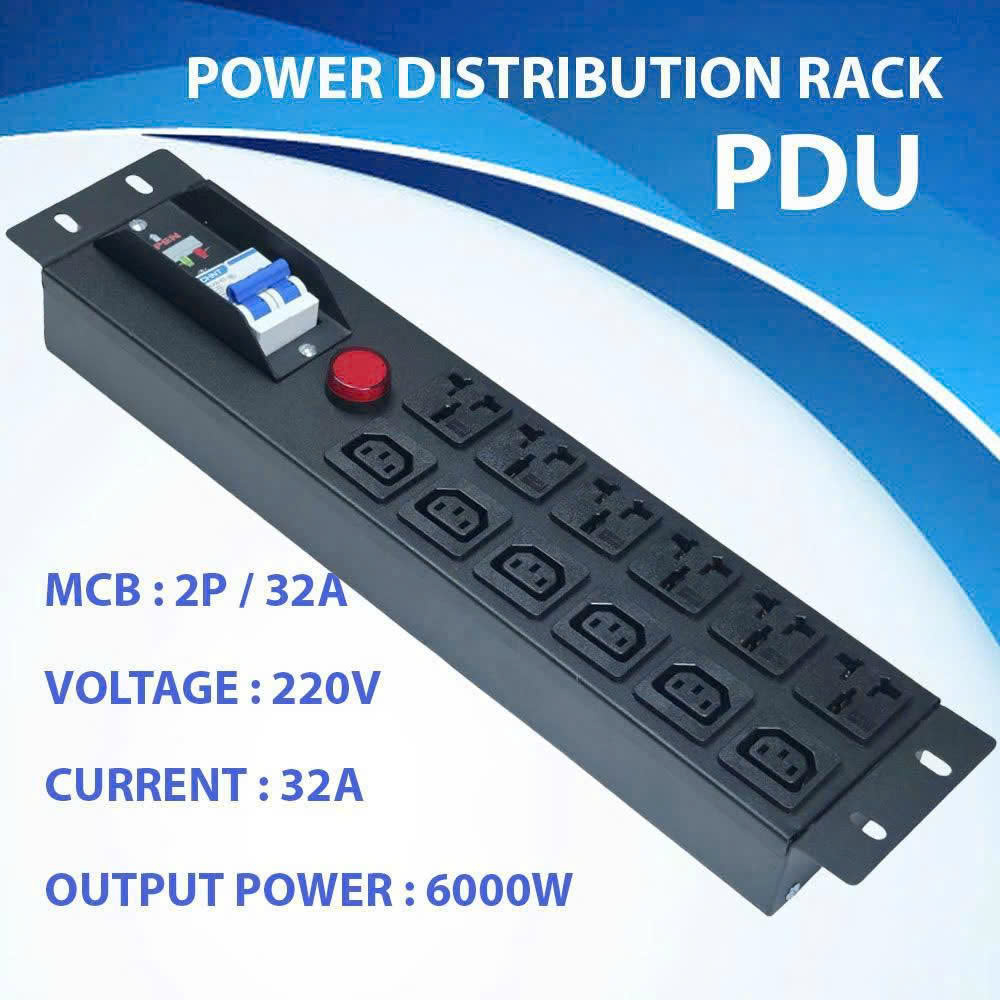 Thanh Nguồn Đa Năng 12 Ổ (6 C13 + 6 3 Chân) - 2P/32A - 220V/6000W - Có Aptomat & Đèn Báo