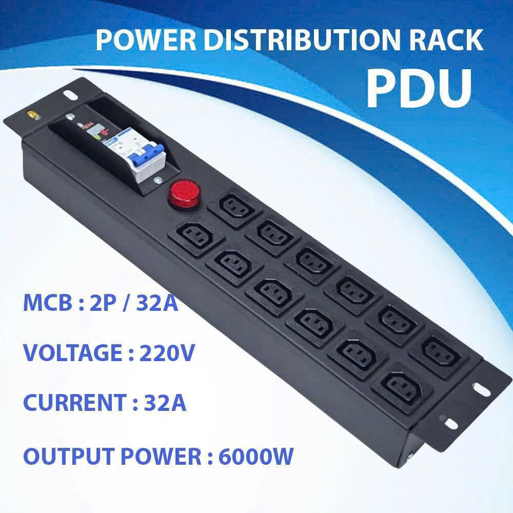 Thanh Nguồn Đa Năng 12 Ổ Cắm C13 - 2P/32A - 220V/6000W - Có Aptomat & Đèn Cảnh Báo