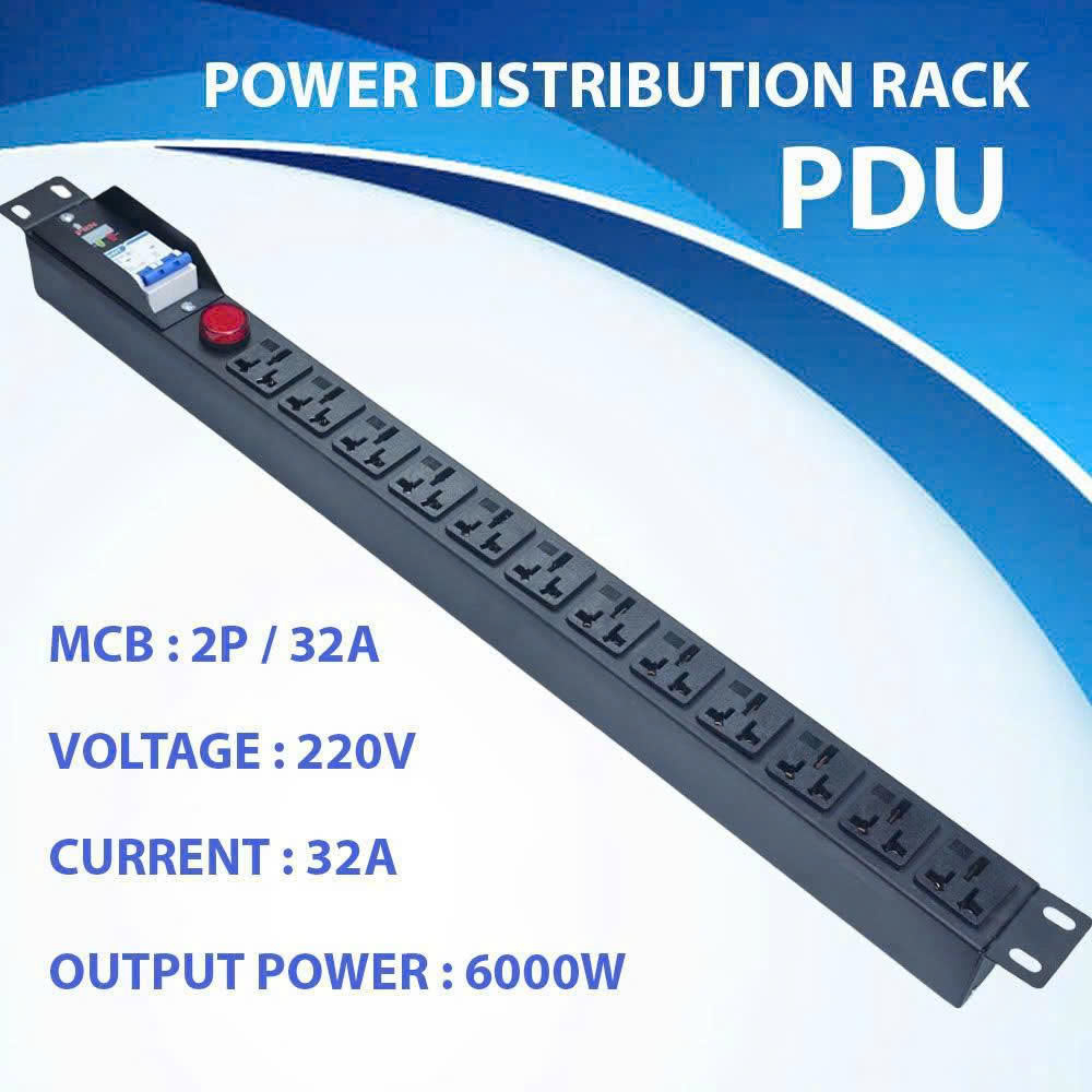 Thanh Nguồn PDU Đa Năng 12 Ổ Cắm C13 2P/32A - 220V/6000W, Có Aptomat & Đèn Cảnh Báo