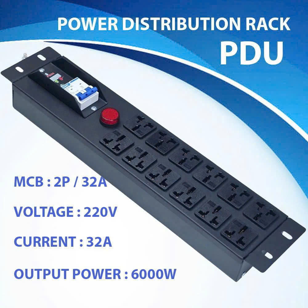 Thanh Nguồn Đa Năng 12 Ổ Cắm 3 Chân 2P/32A 220V - Công Suất 6000W, Có Aptomat & Đèn Cảnh Báo