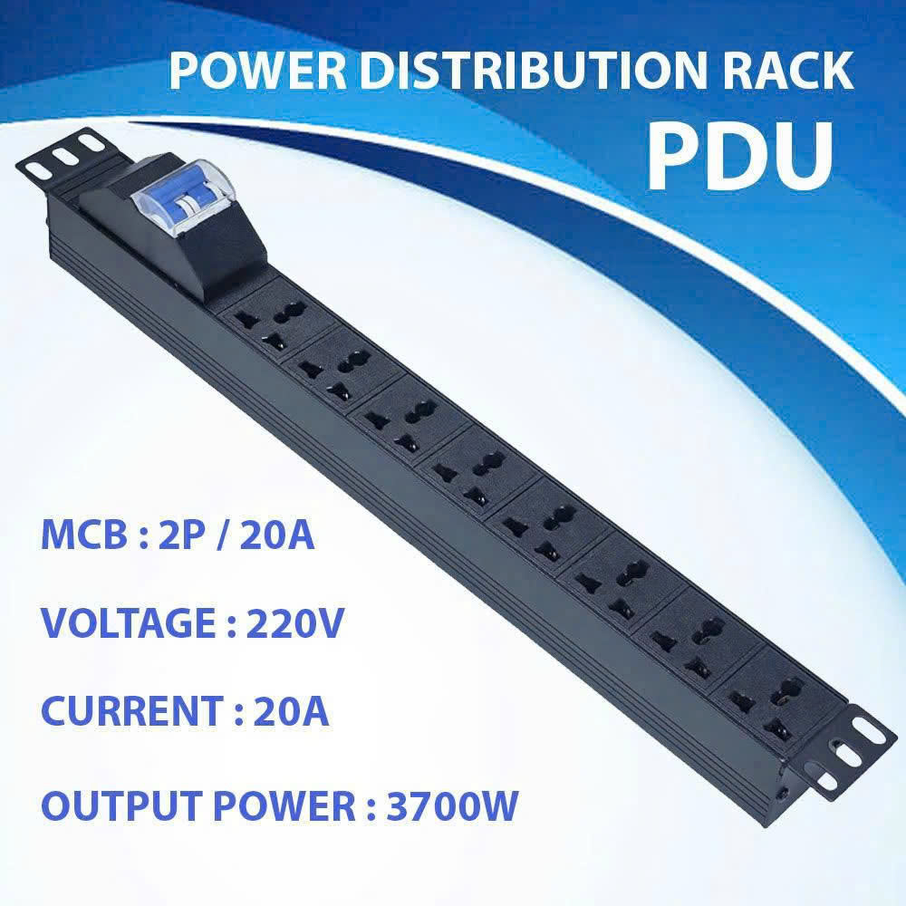 Thanh Nguồn PDU Đa Năng 8 Ổ Cắm 3 Chân 2P/32A - 220V/3200W, Tích Hợp Aptomat An Toàn
